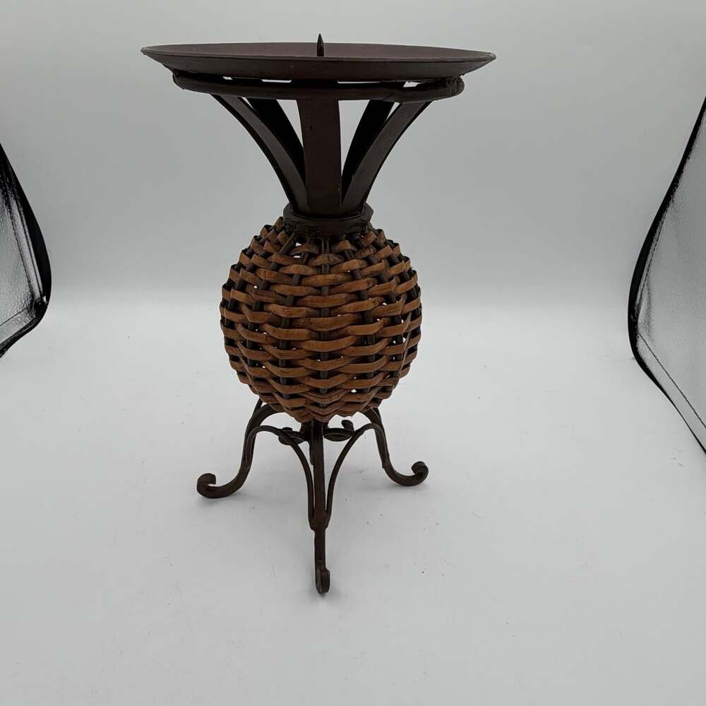 decorative candle holder rustic woven wicker body metal base 5.5”Diameter